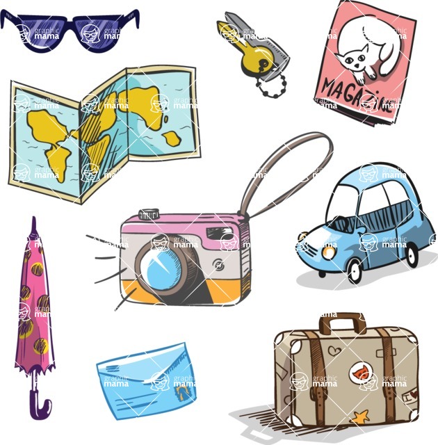 Vector Hand Drawn Elements Mega Bundle - Colorful Hand Drawn Travel Items Vector Set